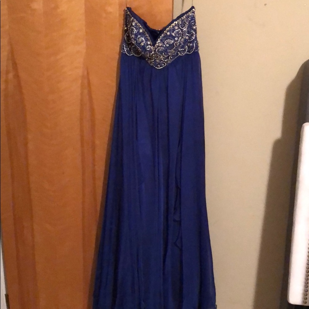 Sherri Hill Blue Maxi Dress with Silver Embellishments